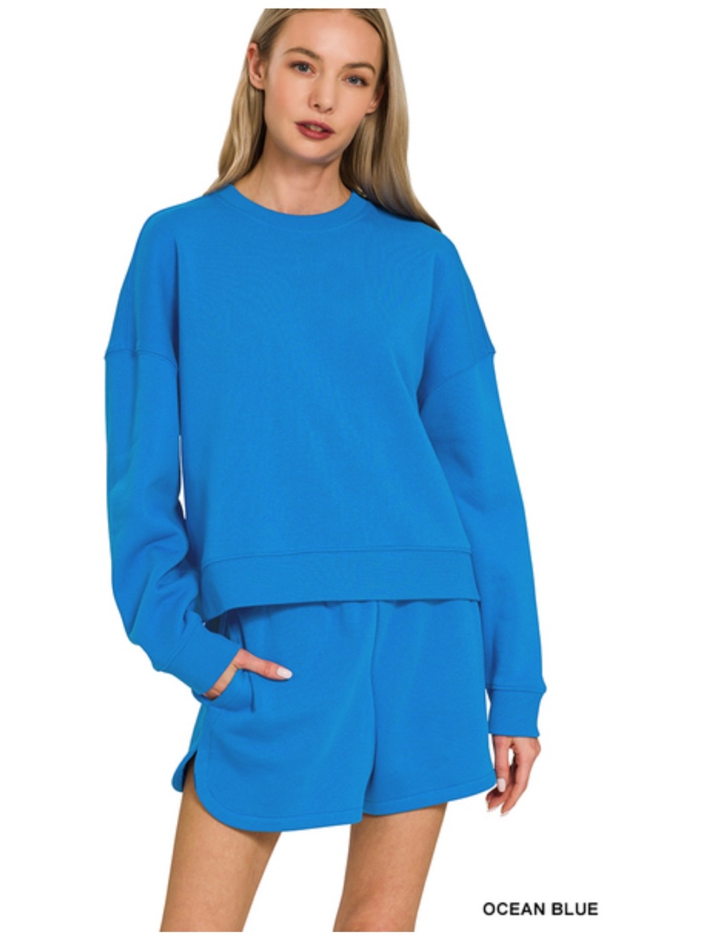 Ocean blue ZENANA FLEECE LONG SLEEVE
SWEATSHIRTS & SHORTS SET